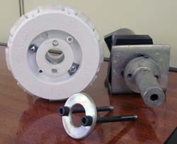 The wheel shown here uses two bolts to mount the wheel to a spindle. Click to enlarge.