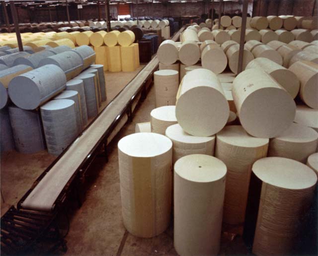 Flexible foam round polyurethane foam buns used to make carpet padding and other items.
